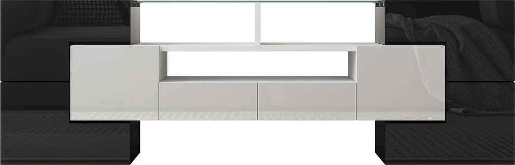 Dulap TV cu iluminare LED, suprafețe din sticlă, cu 6 uși, 2 sertare și 3 compartimente, 145x30x51 cm, Alb+Negru