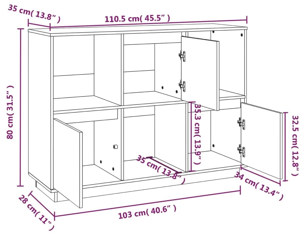 Servanta, negru, 110,5x35x80 cm, lemn masiv de pin Negru, 1