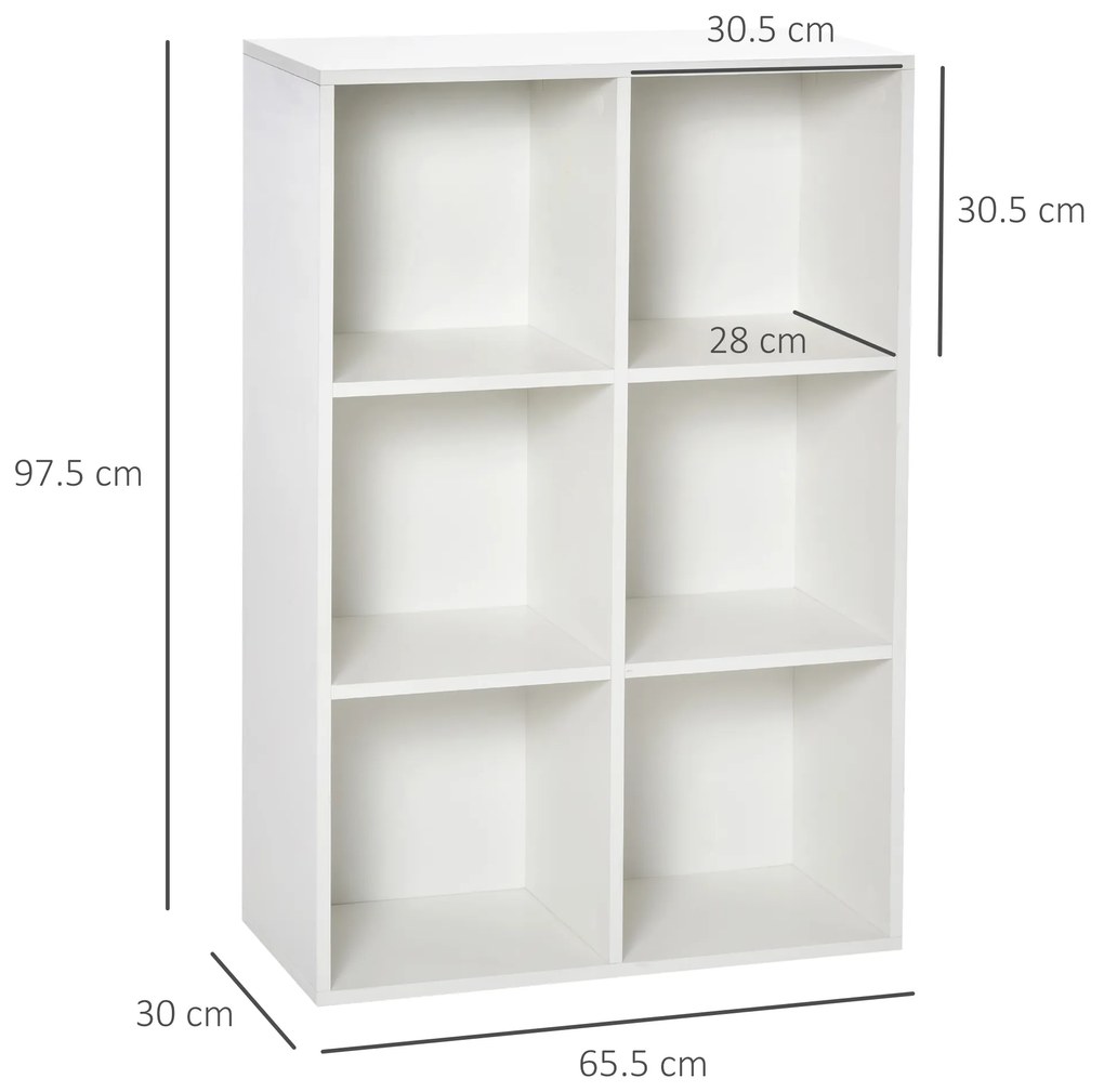 HOMCOM Raft pentru Cărți Cu 6 Cuburi de Depozitare din Lemn de 3 Nivele pentru Sufragerie Dormitor Birou 65,5x30x97,5 cm Alb | Aosom Romania