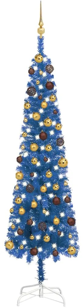 Set pom de Craciun subtire cu LED-uri globuri albastru 210 cm 1, albastru si auriu, 210 cm