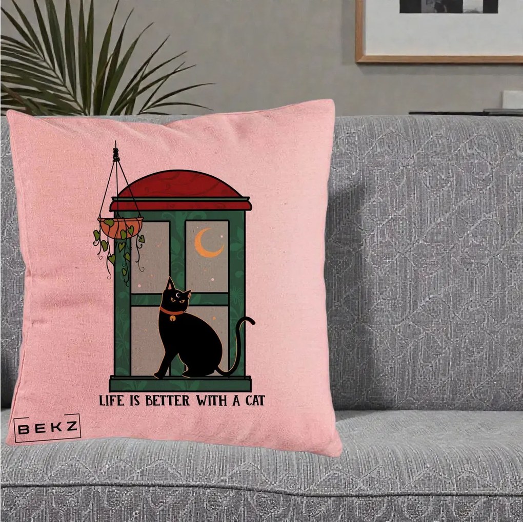 Perna Personalizata Life is Better with a Cat Geam, 40x40 cm, Roz, Husa Detasabila, Perna Inclusa, BEKZ®