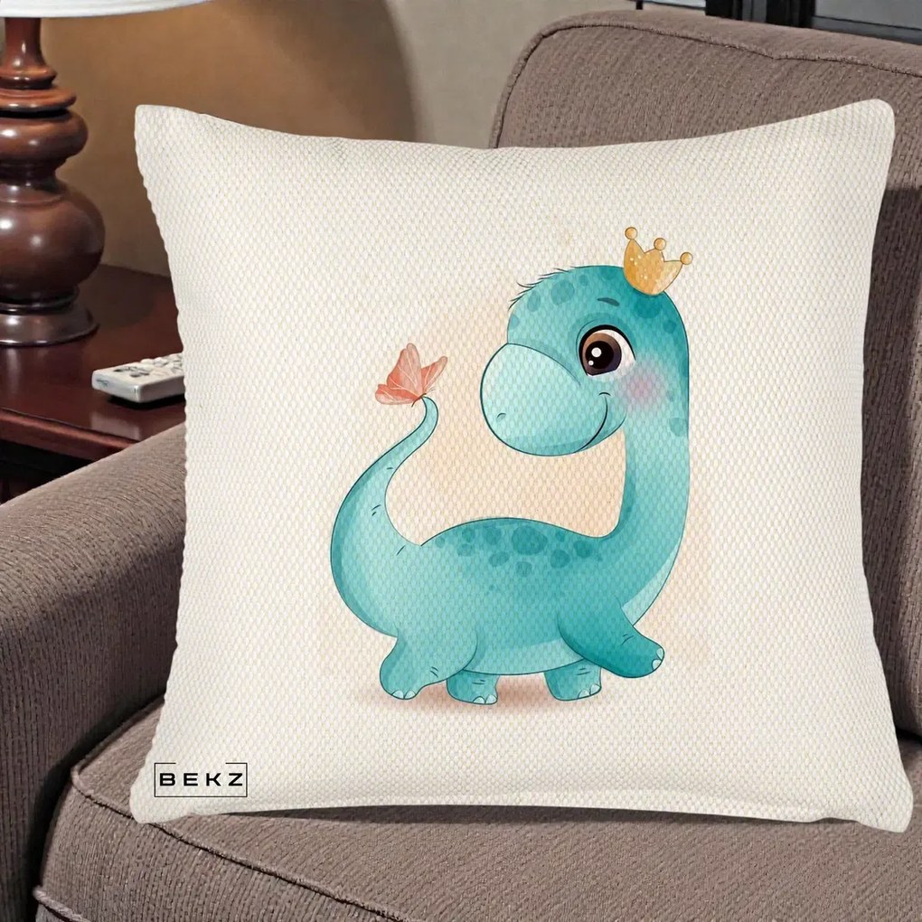 Perna Personalizata Dinozaur Bland Coroana Kawaii, 40x40 cm, Crem Reliefat, Husa Detasabila, Perna Inclusa, BEKZ®