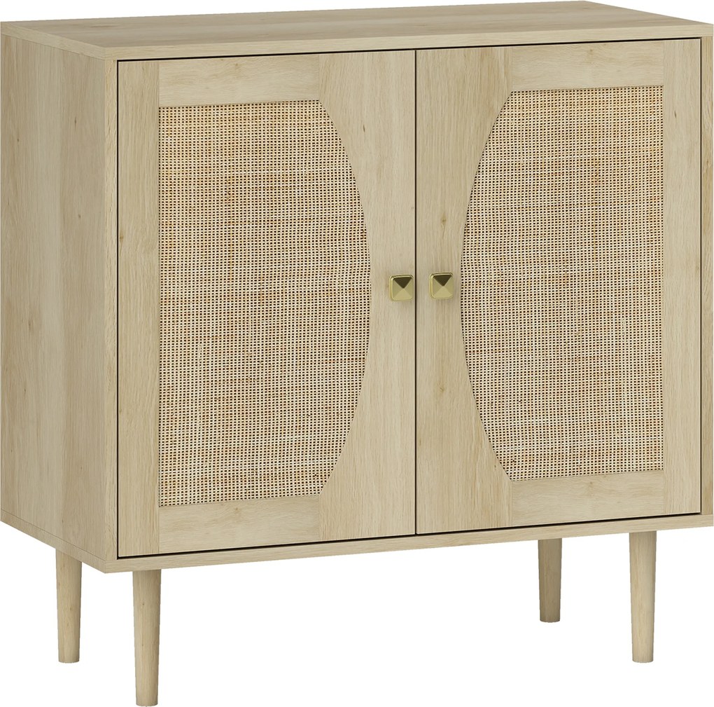 HOMCOM Bufet de bucătărie, mobilier de depozitare cu două uși și 2 niveluri, fațadă din cannage, 80 x 38 x 79 cm efect lemn natural | Aosom Romania