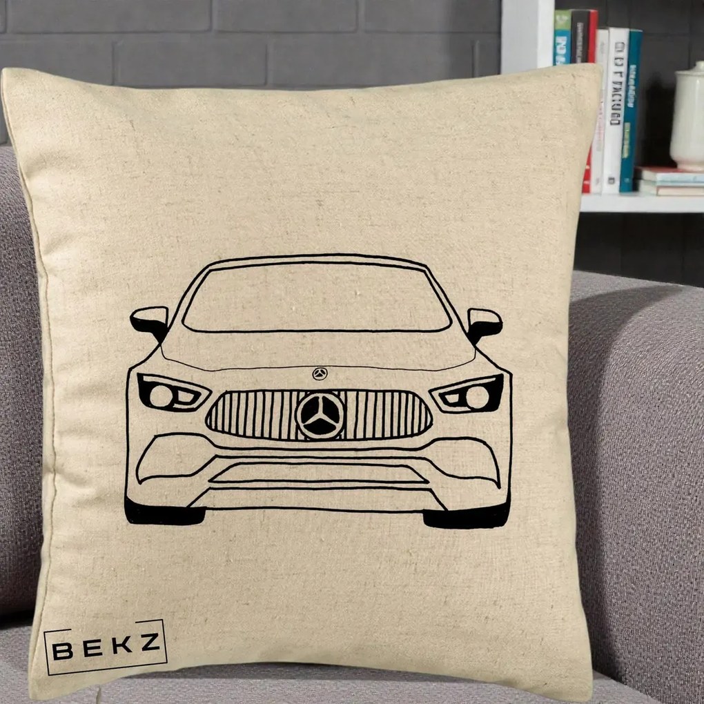 Perna Personalizata Mercedes-Benz Fata Linie, 40x40 cm, Bej, Husa Detasabila, Perna Inclusa, BEKZ®