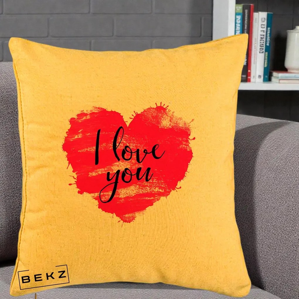 Cadou Romantic - Perna Personalizata I Love You Inima Roz, 40x40 cm, Galben, Husa Detasabila, Perna Inclusa, BEKZ®
