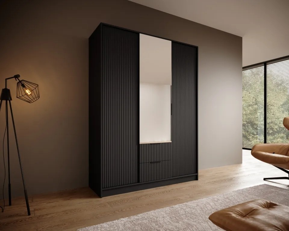 Dulap cu trei usi si oglinda, Norel, ADRK Furniture (Culoare: Negru, Dimensiuni: 102x200 cm)