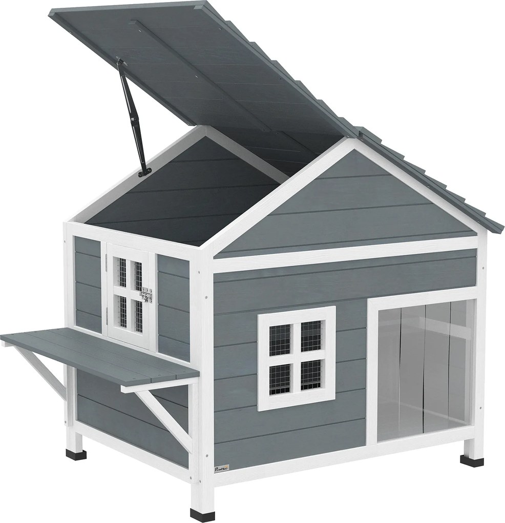 PawHut Casă pentru pisici din lemn, 2 etaje, acoperiș rabatabil rezistent la apă, platformă laterală, 101x72,5x81cm, Gri | Aosom Romania