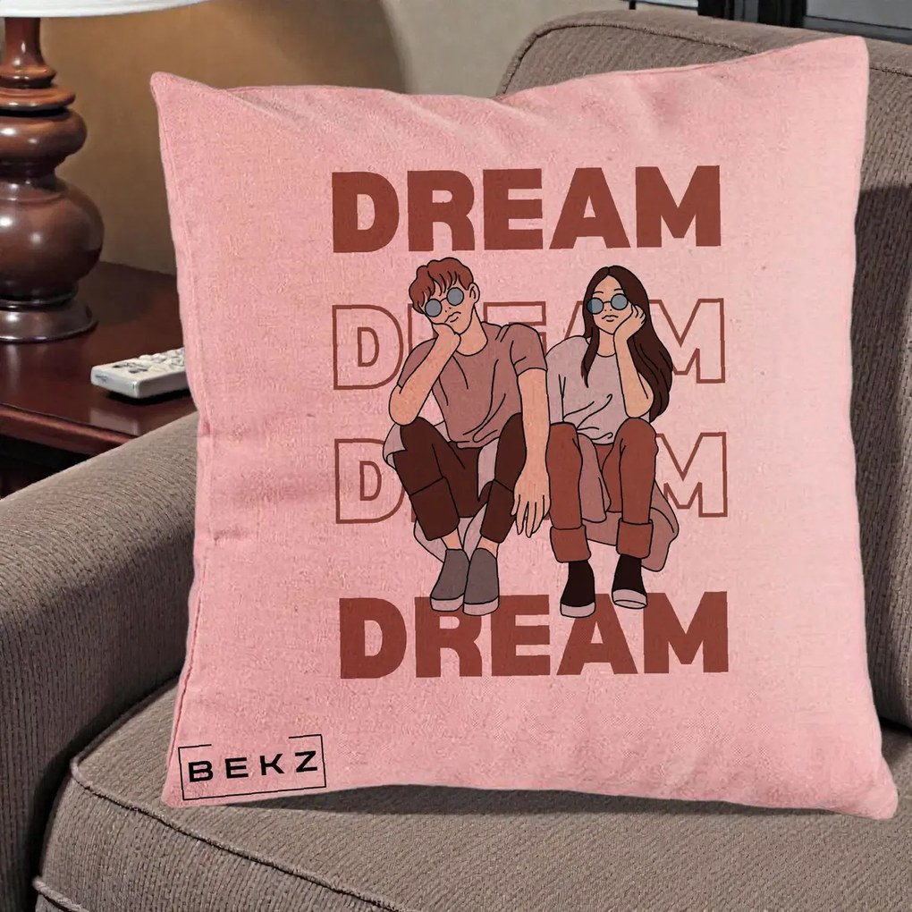 Perna Decorativa Dream Couple Aesthetic, 40x40 cm, Roz, Husa Detasabila, Perna Inclusa, BEKZ®