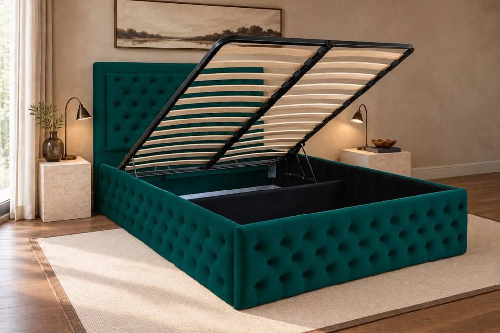 Pat tapițat Chesterfield din catifea Ophelia Deluxe 160×200 cm, verde, cu ladă de depozitare