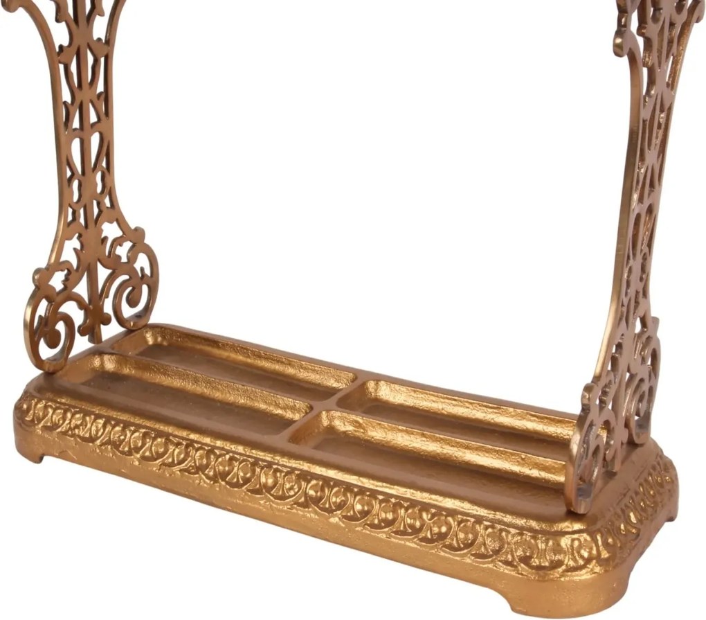 Suport pentru umbrele din aluminiu, auriu, cu 3 compartimente, panouri laterale decupate și tavă pentru apă, 60 x 61 x 25 cm, „Aurélie”