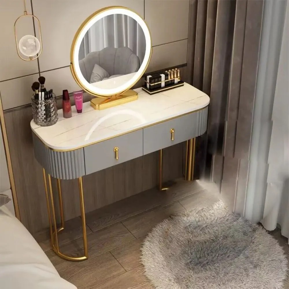 Set LISA – Masă de Toaletă pentru Machiaj, Oglindă Iluminată LED, Control Touch, Sertar, Taburet tapitat, Gri, 100x40x75 cm