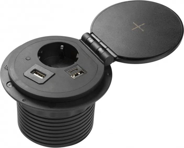 Priza incorporabila in blat Charger Plus GTV, incarcator wireless 5W, 1 priza Schuko, USB A + C, HDMI, RJ45, negru, D:80 mm Aluminiu plastic,