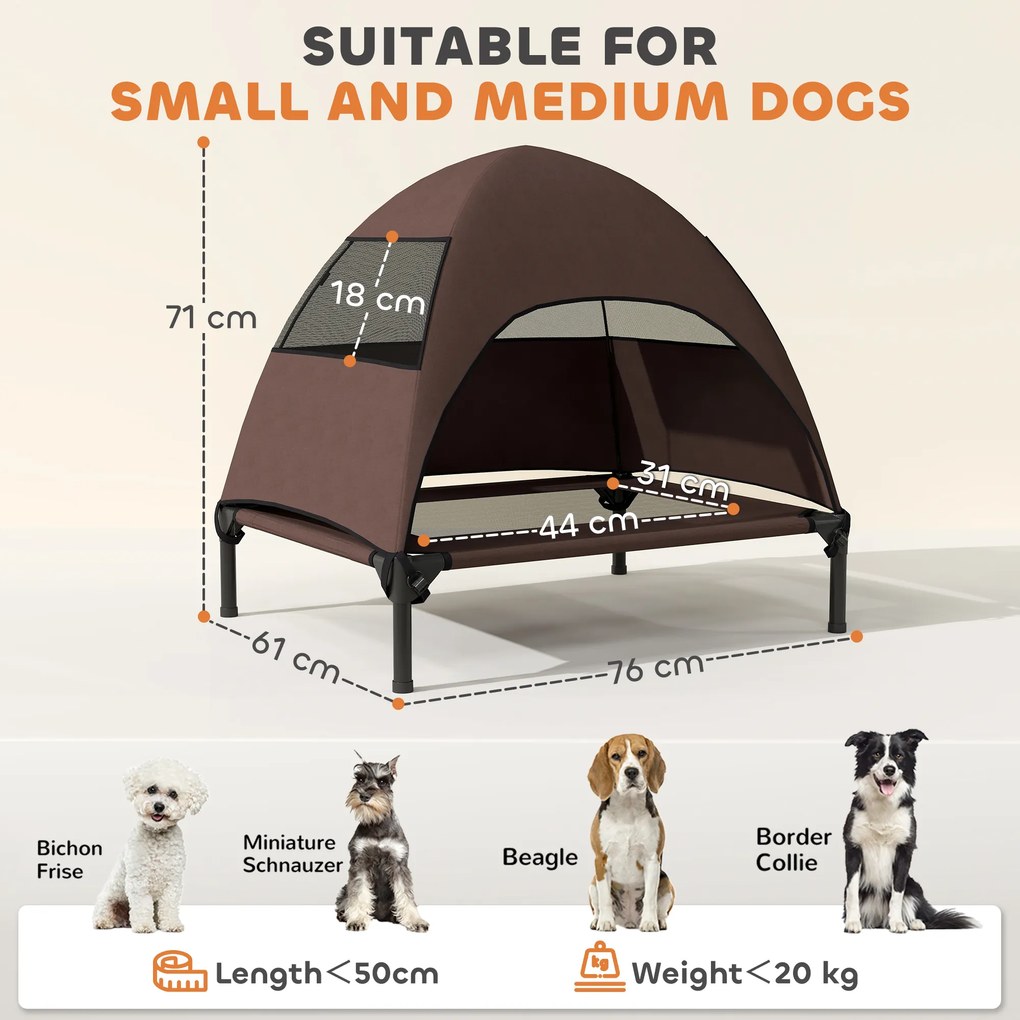 PawHut Cușetă pentru câini de exterior cu acoperiș, pat ridicat pentru câini de talie medie, 76 x 61 x 71cm, Cafea | Aosom Romania