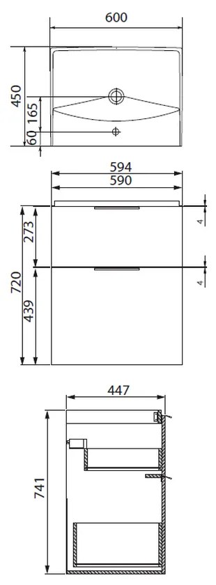 Set dulap baie suspendat 2 sertare cu lavoar Cersanit City inclus, 60 cm, alb 600x450 mm