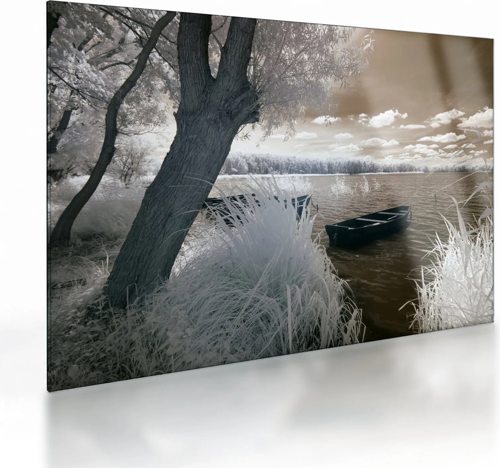 Tablou pe sticlă cu barca pe lac (70x50 cm)