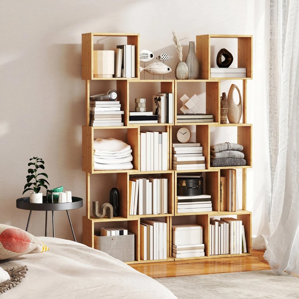 HOMCOM Librărie modernă și asimetrică cu 5 niveluri din bambus, 62.5 x 23 x 165 cm, lemn | Aosom Romania