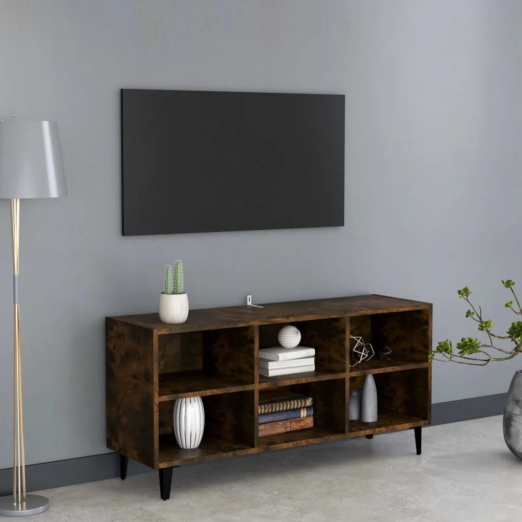 vidaXL Comodă TV, picioare din metal, stejar fumuriu, 103,5x30x50 cm