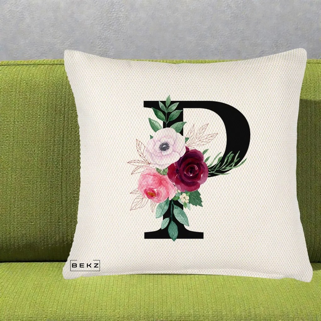 Cadou Personalizat - Perna Personalizata Monograma Florala Litera P, 40x40 cm, Crem Reliefat, Husa Detasabila, Perna Inclusa, BEKZ®