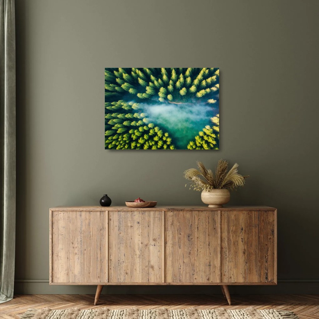 Tablou pe sticlă - O pădure învăluită în ceață (70x50 cm)