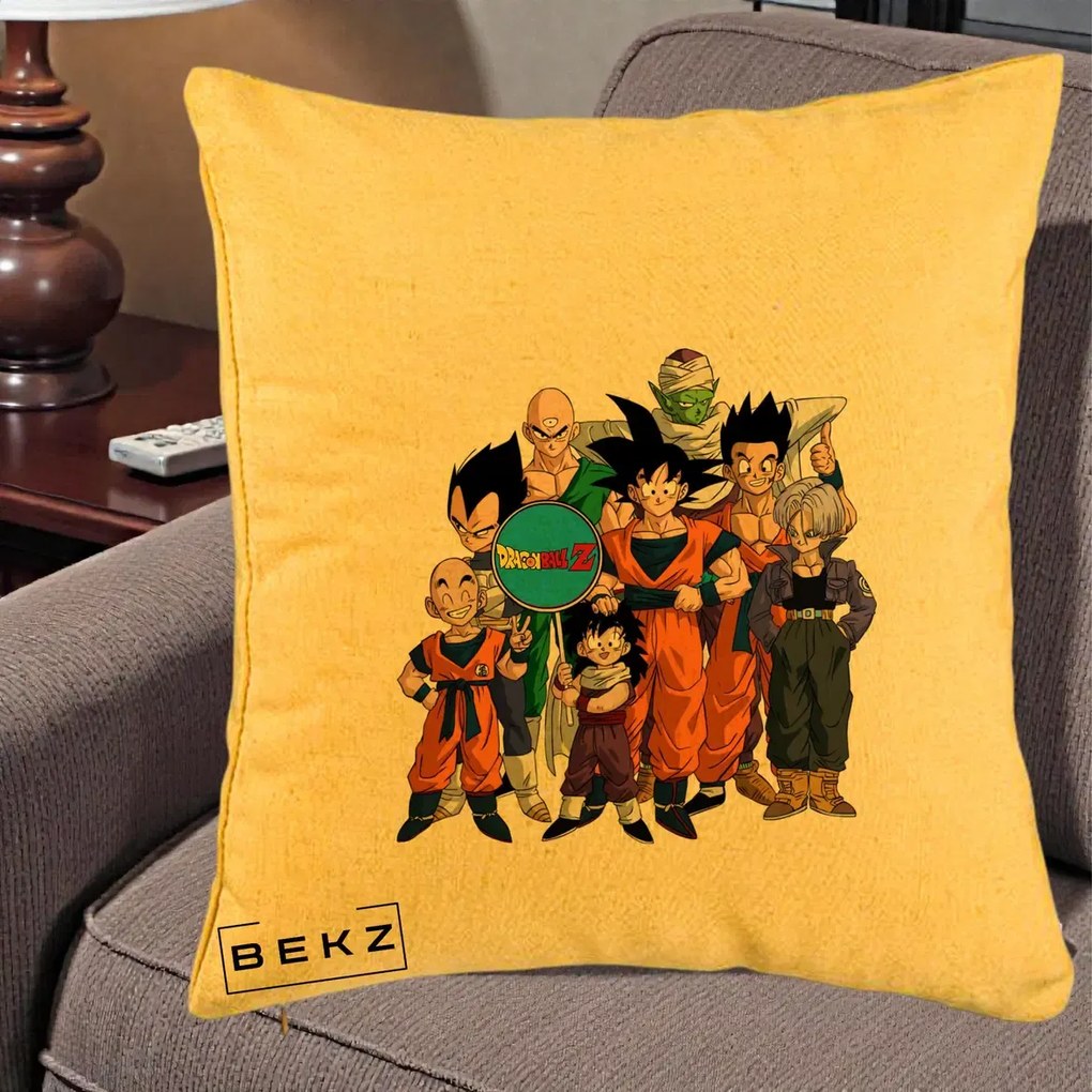 Perna Personalizata Dragon Ball Z Grup Complet, 40x40 cm, Galben, Husa Detasabila, Perna Inclusa, BEKZ®