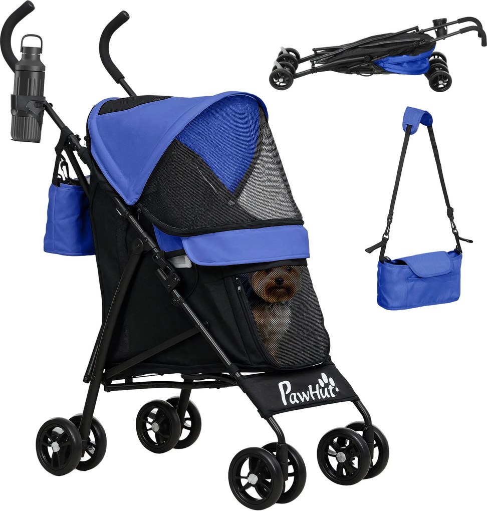 PawHut Cărucior pentru animale de companie, lese de siguranță, ferestre din plasă, 76L x 44B x 103H cm, Bleumarin | Aosom Romania