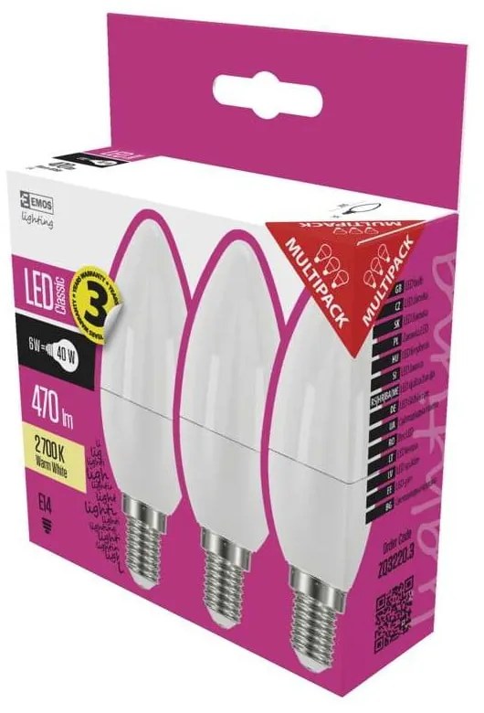 Set 3 becuri cu LED EMOS Classic Candle Warm White, 5W E14