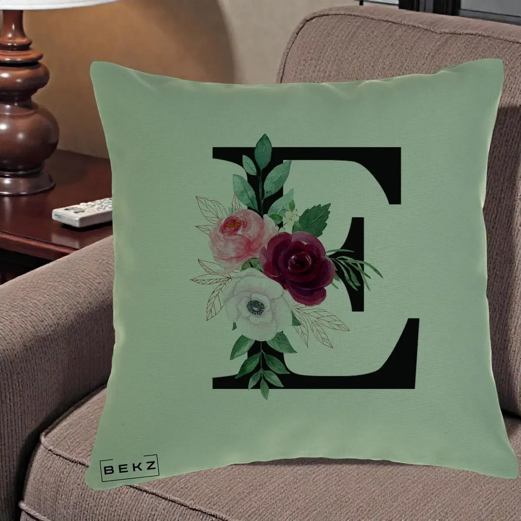 Cadou Personalizat - Perna Personalizata Monograma Florala Litera E, 40x40 cm, Verde, Husa Detasabila, Perna Inclusa, BEKZ®