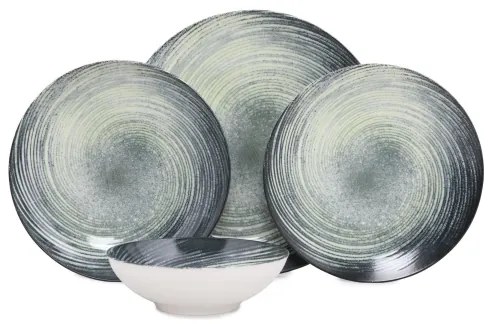 Set veselă 24 de piese verde/negru/porțelan