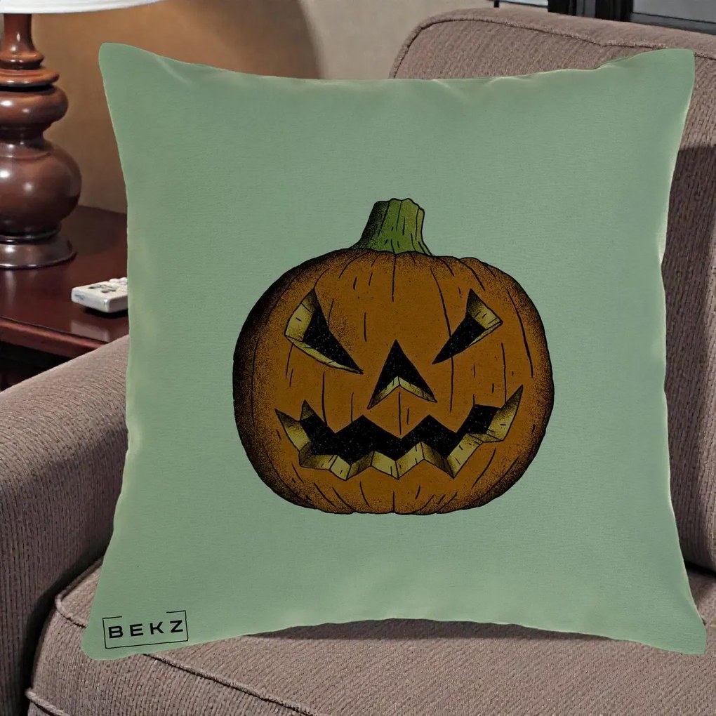 Perna Decorativa Halloween Dovleac Portocaliu Clasic, 40x40 cm, Verde, Husa Detasabila, Perna Inclusa, BEKZ®