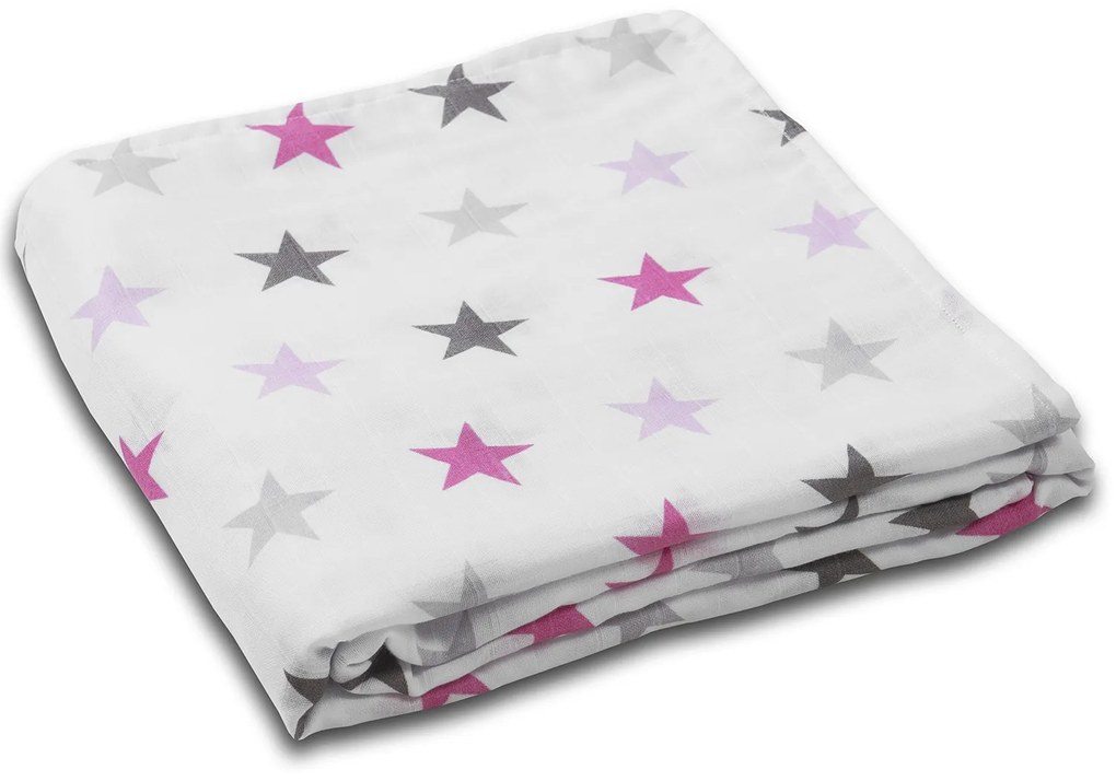 Muselina multifunctionala XXL 120x120 cm Kidizi Pink Stars, 100% bumbac