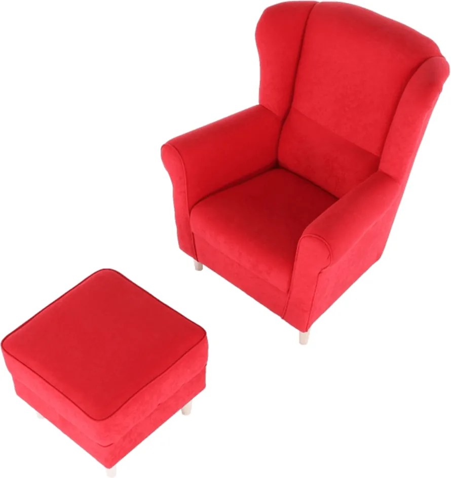 Fotoliu cu taburet, material roşu, ASTRID