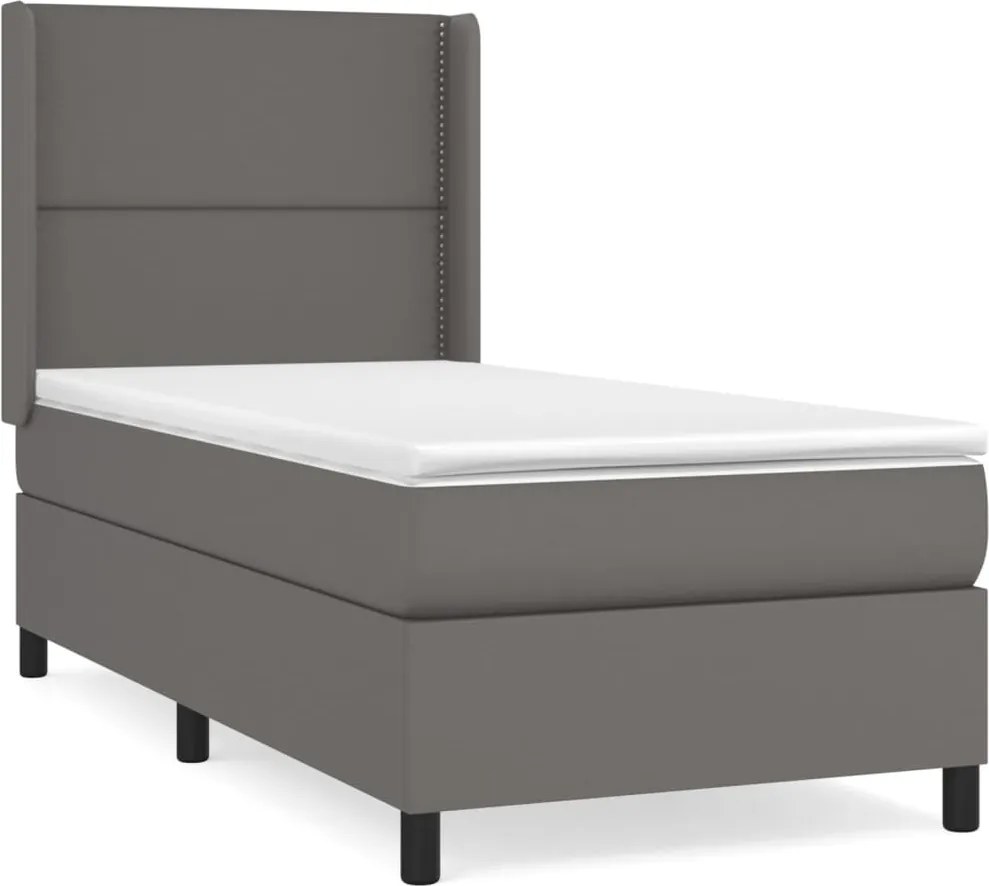 vidaXL Pat box spring cu saltea, gri, 90x190 cm, piele ecologică