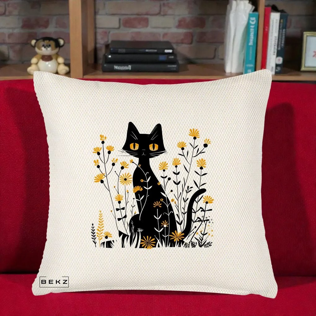 Perna Decorativa Pisica Neagra Ochi Galbeni Flori Galbene, 40x40 cm, Crem Reliefat, Husa Detasabila, Perna Inclusa, BEKZ®
