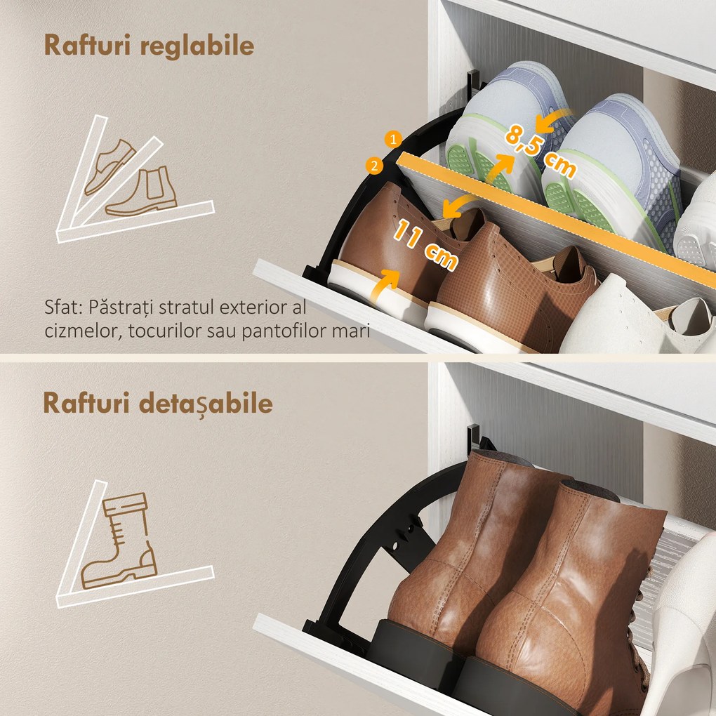 HOMCOM Dulap pentru Pantofi Slim cu Uși Rabatabile, Rafturi Reglabile, pentru 12 Perechi, Alb | Aosom Romania