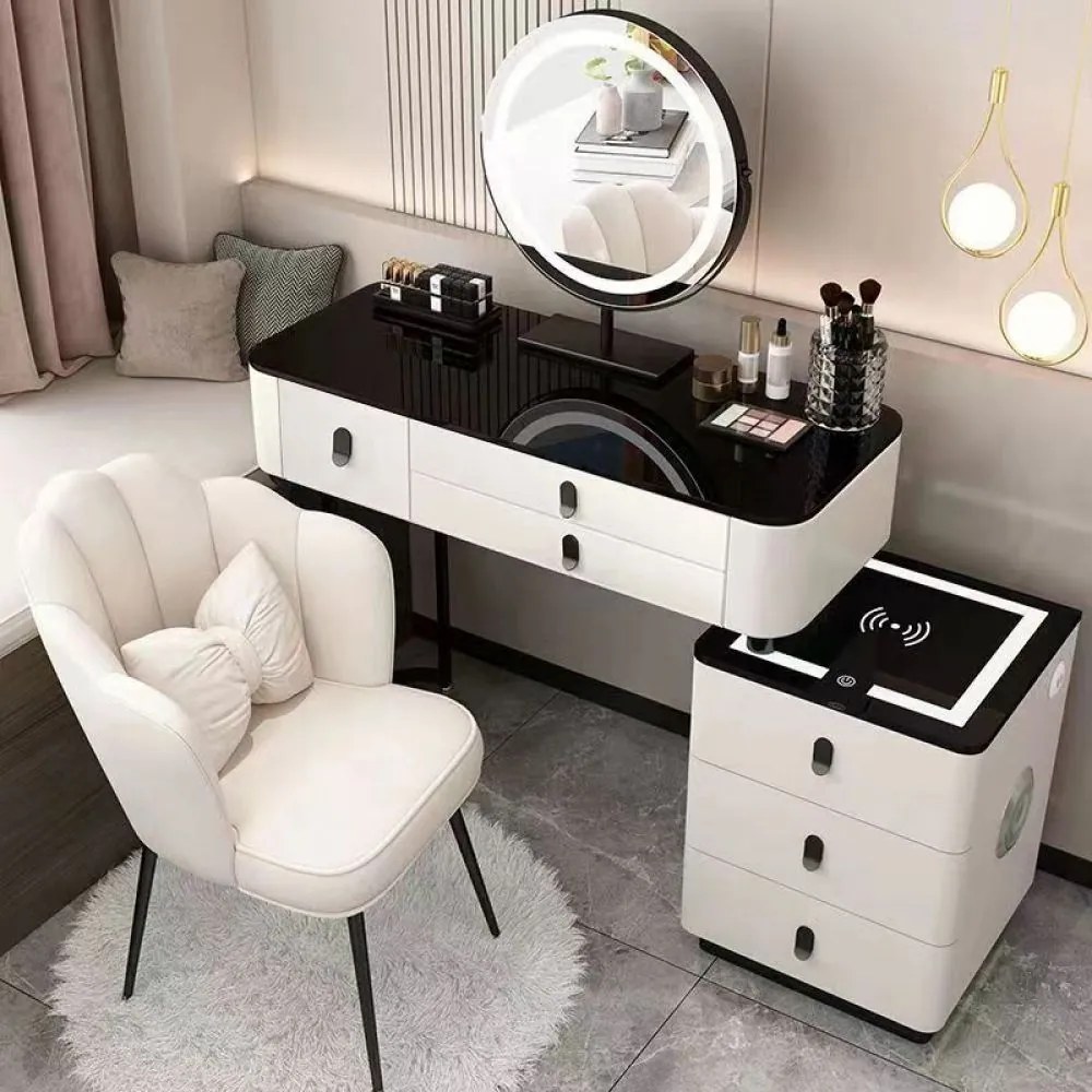 Set Margot, Masă de toaletă pentru machiaj cu oglindă iluminată LED, control touch, 6 sertare, comoda, scaun, Difuzor Bluetooth, zona încărcare fără fir, Alb, 80x40x75 cm