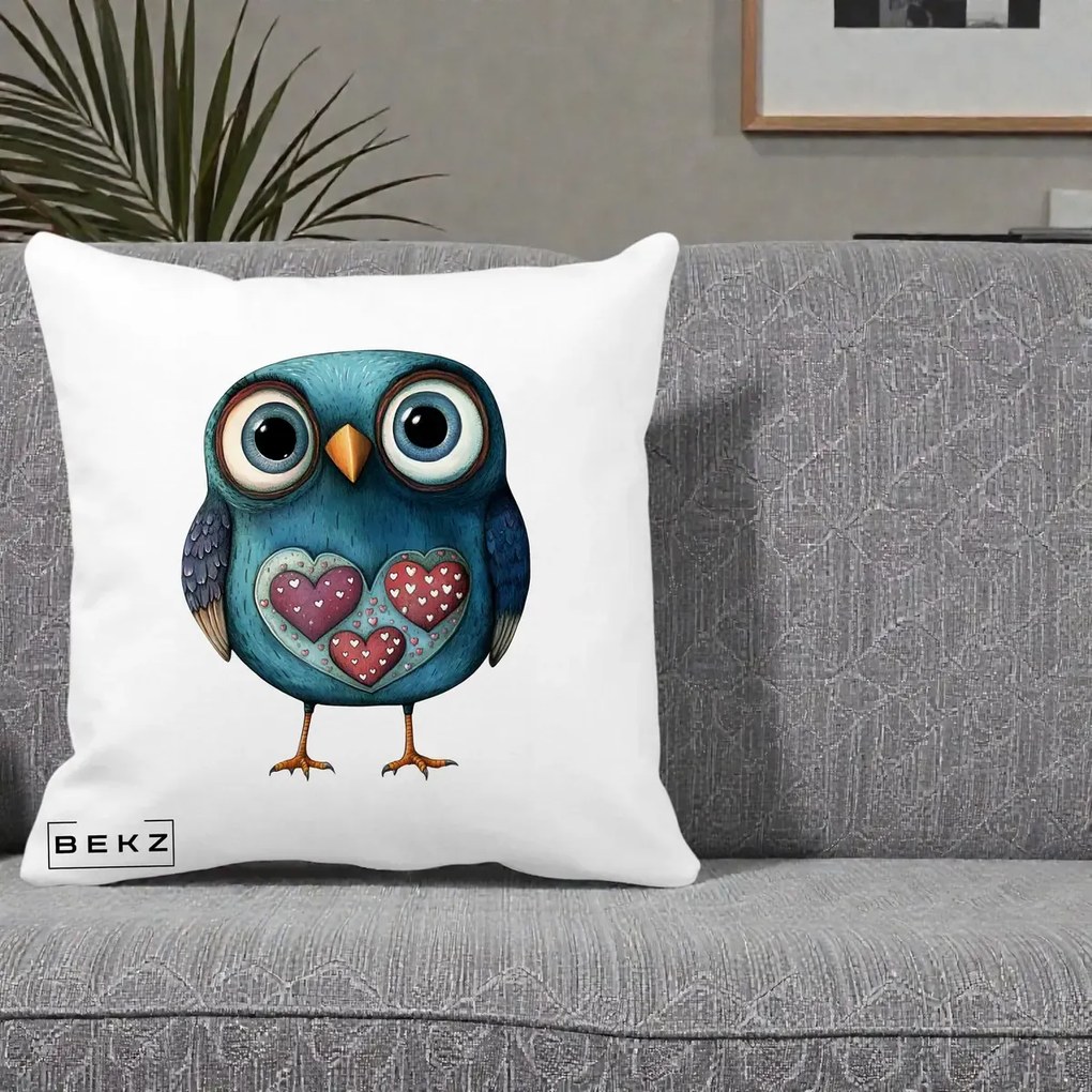 Perna Decorativa Bufnita Teal cu Doua Inimi, 40x40 cm, Alba Mata, Husa Detasabila, Perna Inclusa, BEKZ®