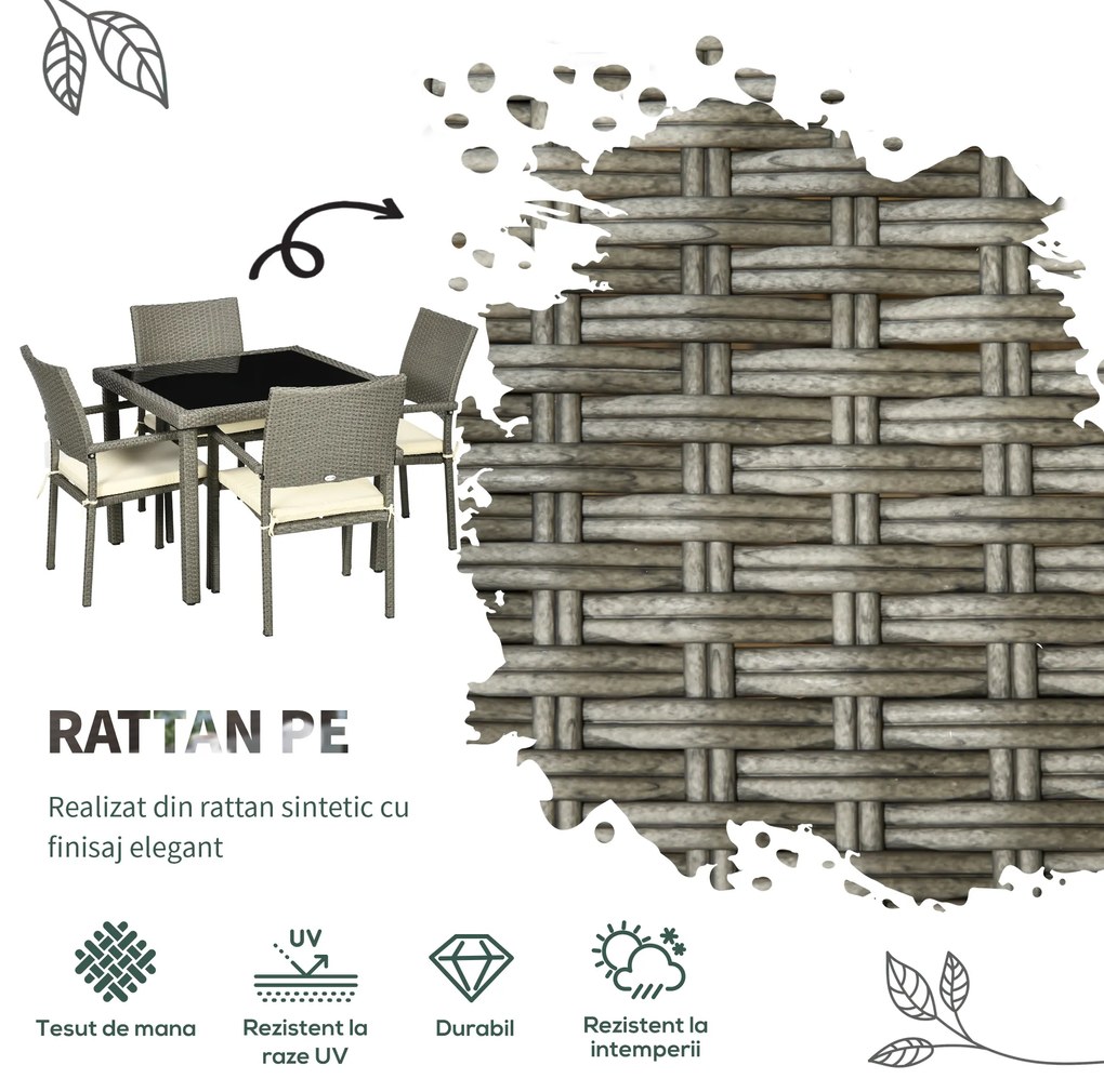 Outsunny Set Mobilier pentru Patio din Ratan PE, 5 Piese, Masă cu Blat de Sticlă și 4 Scaune cu Perne Moi, Gri | Aosom Romania