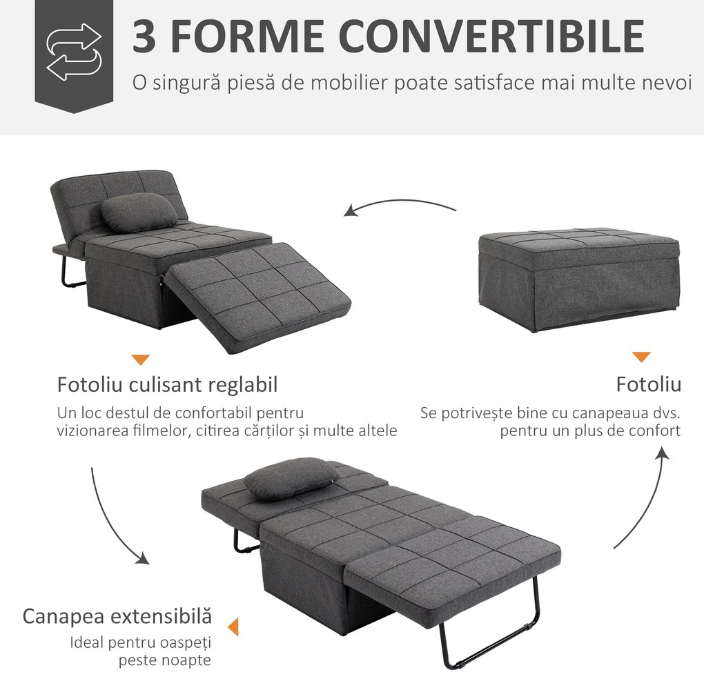 HOMCOM Canapea extensibilă cu Spătar Reglabil pe 5 Nivele și Pernă Suplimentară, 95x179x78 cm, Gri | Aosom Romania