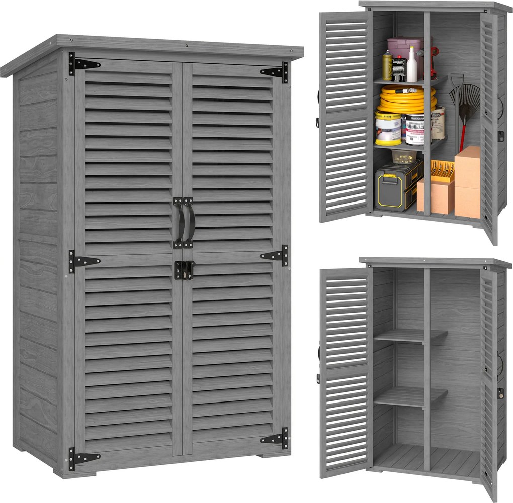Outsunny Dulap de grădină Remiză pentru unelte din lemn 2 rafturi Acoperiș bitumat Uși cu obloane Blocabil 75 x 50 x 118cm Gri | Aosom Romania