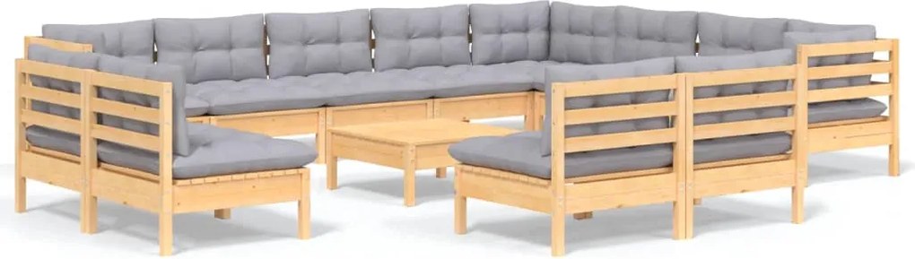 vidaXL Set mobilier grădină cu perne, 13 piese, gri, lemn masiv pin