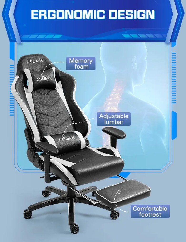 DOWINX Scaun gaming, ergonomic, suport lombar cu masaj, spătar rabatabil 90-180°, cotiere reglabile, suport pentru picioare, rezistent 150 kg, piele PU, Negru/Alb