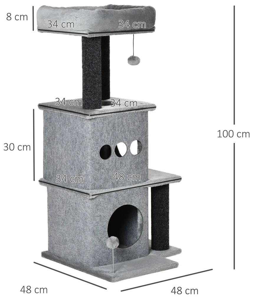 PawHut Arborișoare pentru pisici design cozy-chic multi-echipate centrul de activități cu zone, platforme, pat, joc cu bile, fețre detașabile și lavabile, plăci de particule, pluș scurt 48 x 48 x 100 cm gri | Aosom Romania