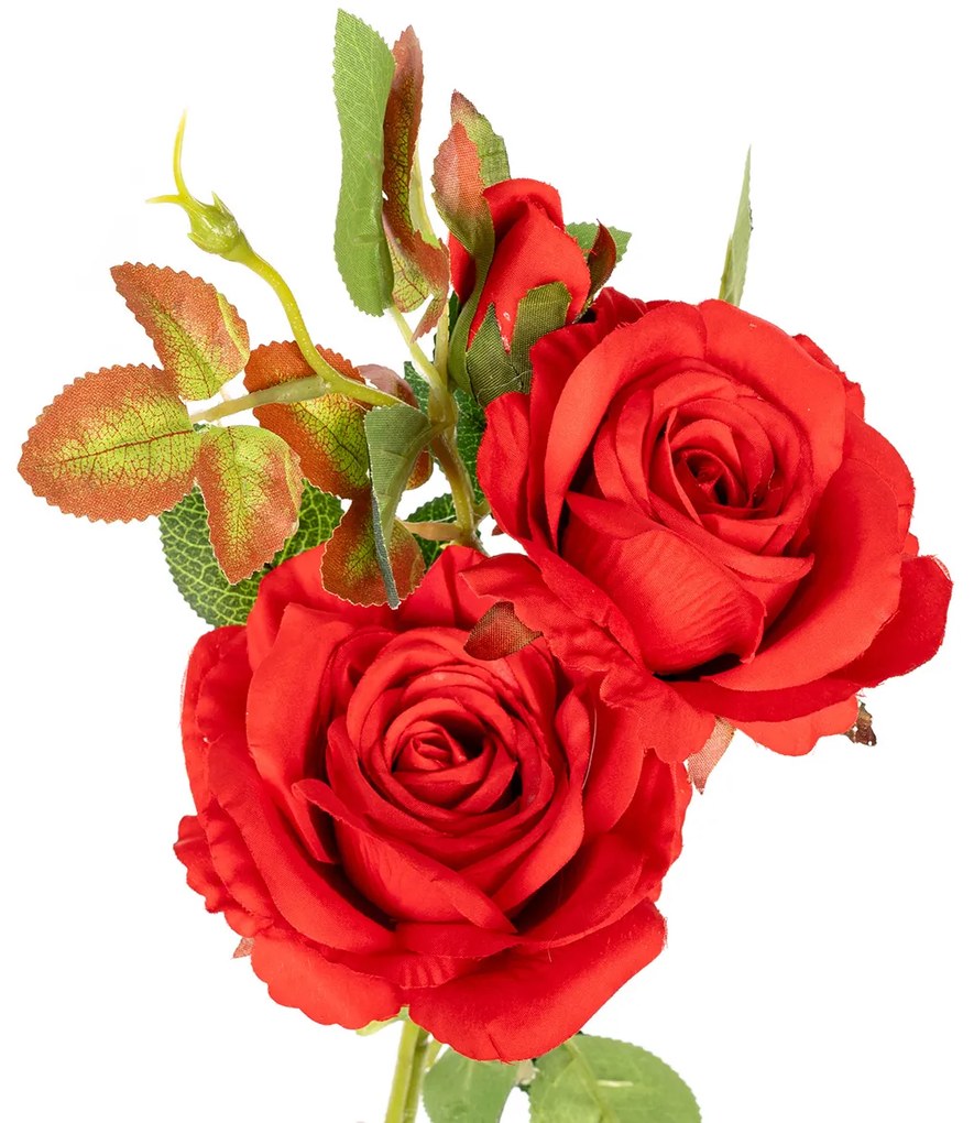 Buchet artificial de trandafiri cu două flori șiun boboc, roșu, 71 cm
