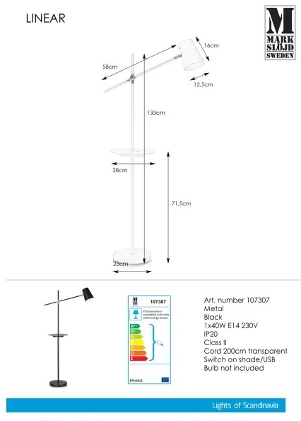 Markslöjd 107307 - Lampadar cu USB LINEAR 1xE14/40W/230V