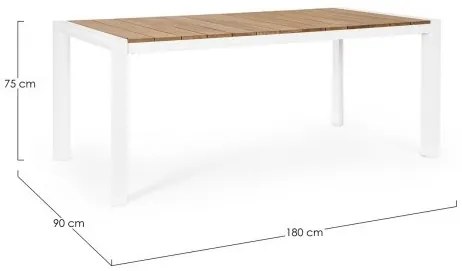 Masa din aluminiu cu blat din lemn de teak, 180x90cm, alba, Cameron, Bizzotto