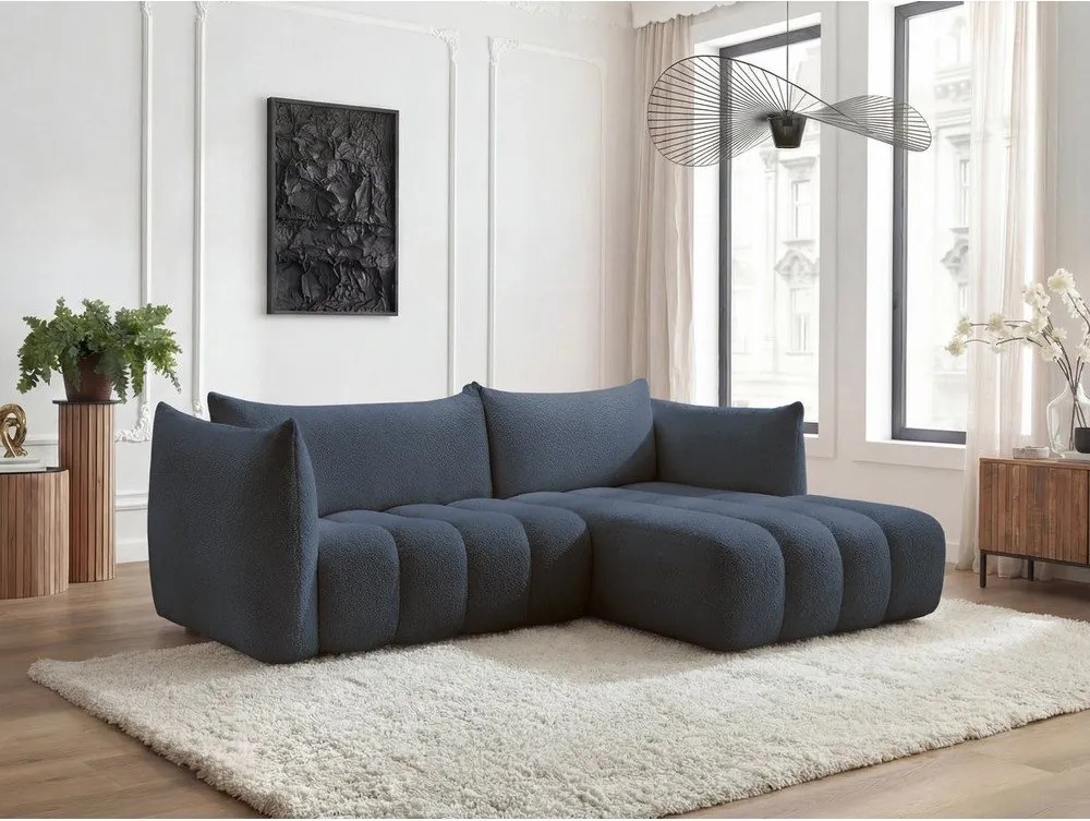Colțar albastru închis cu tapițerie din țesătură bouclé (cu colț pe partea dreaptă/cu șezlong) Azra – Bobochic Paris