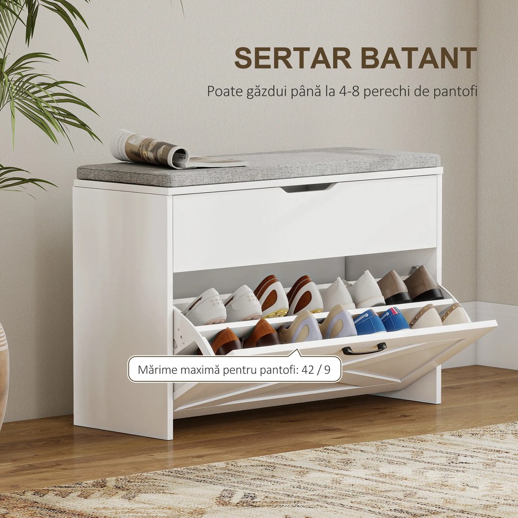 HOMCOM Bancă Pantofar de Intrare, Pantofar cu Săriță Capitonată Lavabilă, Antă Rabatabilă, Compartiment cu Închidere Lentă, Rafturi Reglabile, pentru 8 Perechi de Pantofi, Hol Coridor Cameră, Alb | Aosom Romania