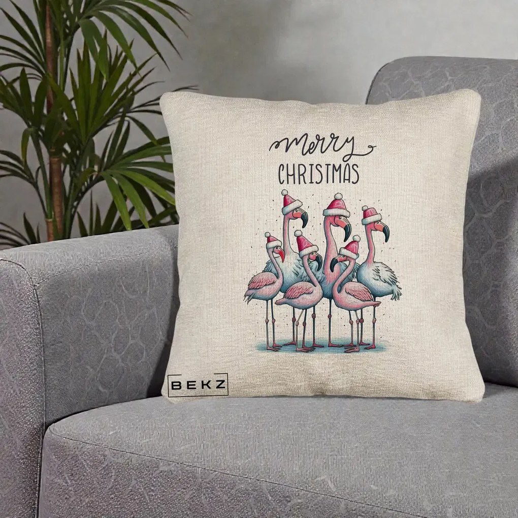 Perna Decorativa Flamingo Merry Christmas, 40x40 cm, Bej Canapea, Husa Detasabila, Perna Inclusa, BEKZ®