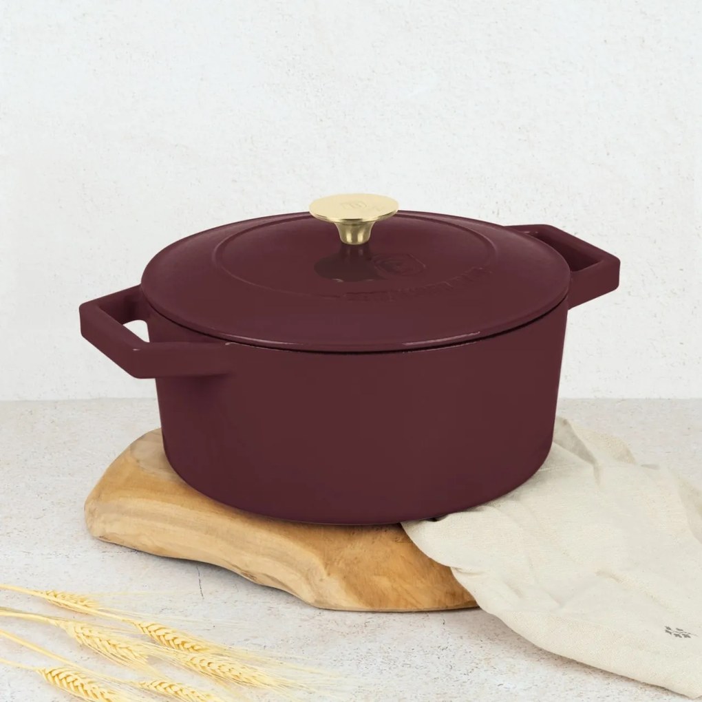 Oală din fontă emailată 4,35L cu capac, 24 cm – Berlinger Haus BH 6542 Leonardo, visiniu, ideală pentru pâine, friptură, cuptor și aragaz