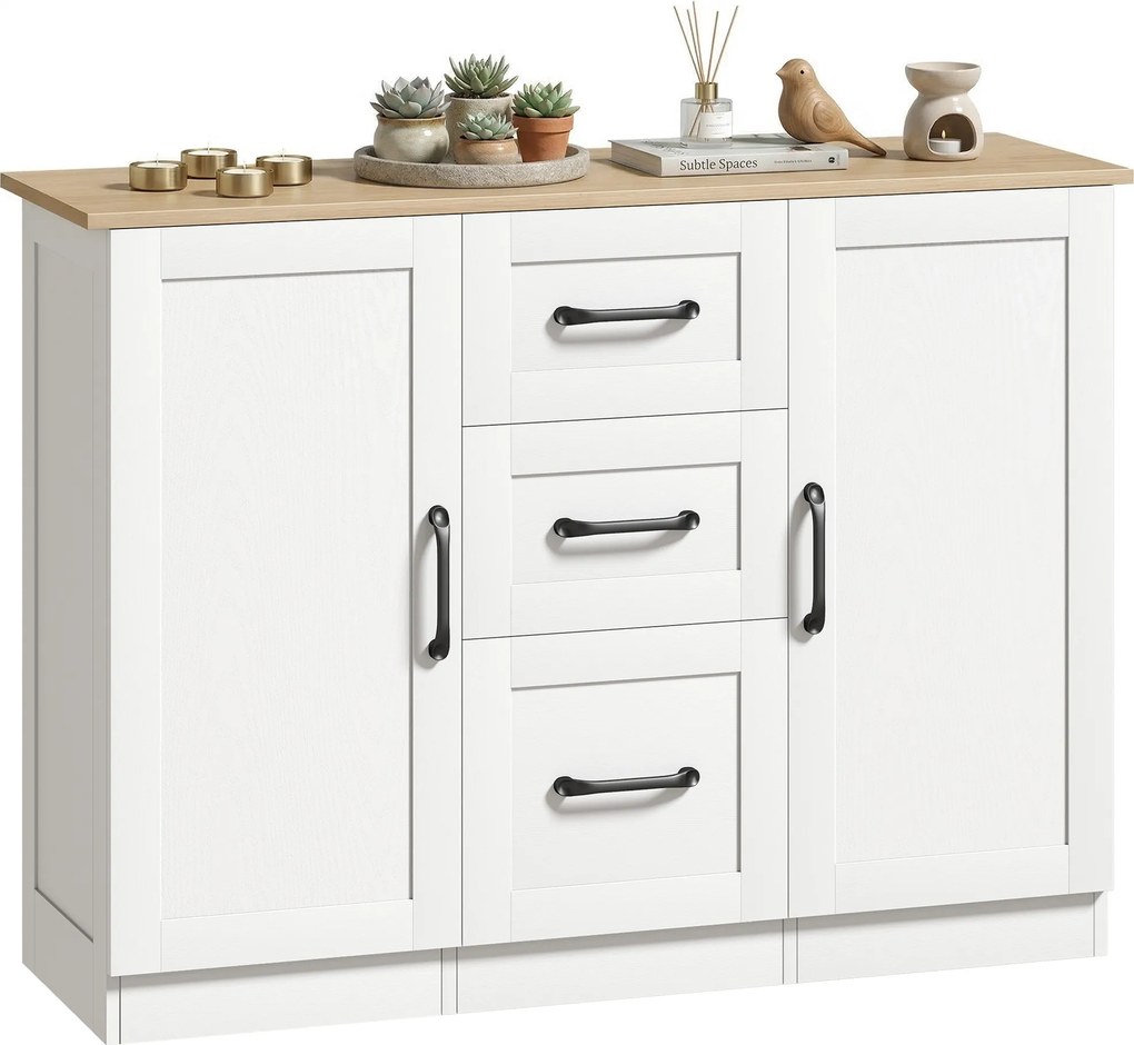 HOMCOM Bufet pentru living, mobilier de depozitare cu 2 uși cu închidere silențioasă și 3 sertare, 110x35x80,4cm, alb și lemn natural | Aosom Romania